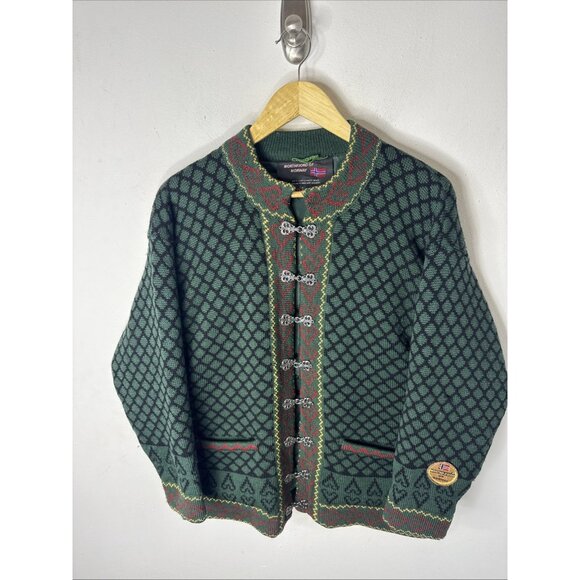 Northfjord of Norway 100% Wool Norwegian Cardigan Sweater Green Heart Pattern S - Picture 1 of 5